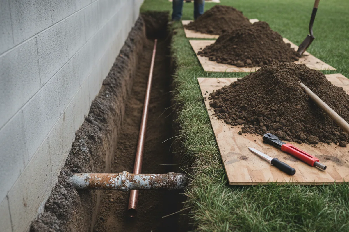 Excavated water line trench during Sewer Line Repair in Williamston